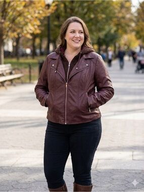 Black Rivet Wine Faux Leather Hooded Moto Jacket